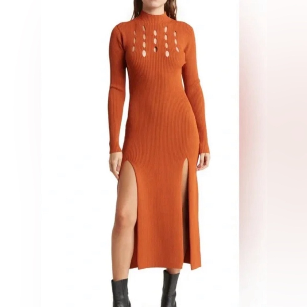 Ronny Kobo Aidy Cutout Long Sleeve Knit Maxi Dress Small Burnt Orange
